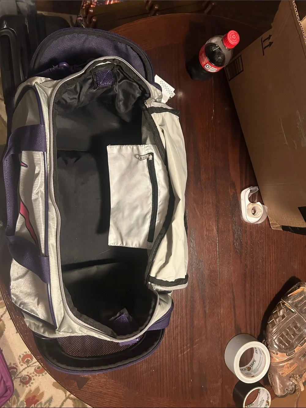 Nike Gray and Purple Duffel Bag with Pink Swoosh